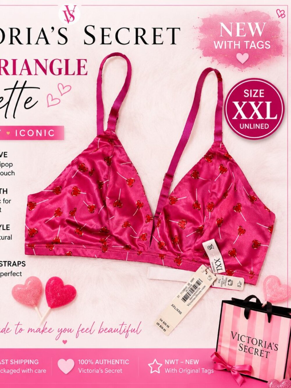 NWT Victoria's Secret Satin Triangle Bralette XXL Pink Heart Lollipop Print Cute - Picture 3 of 5